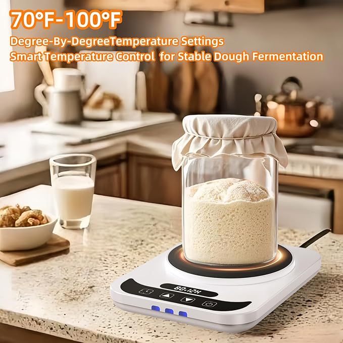 Sourdough Starter Warmer Mat - 12H Timer & Precise 1°F Thermostat (70-100°F) - Auto On/Off - Fits