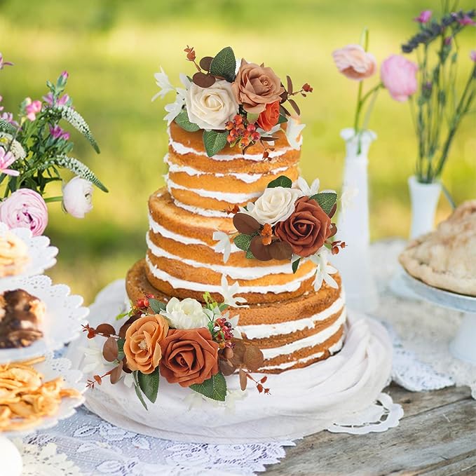 Rinlong 3Pcs Cake Topper Set Artificial Flowers for Cake Decor Burnt Orange Fall Wedding Cake