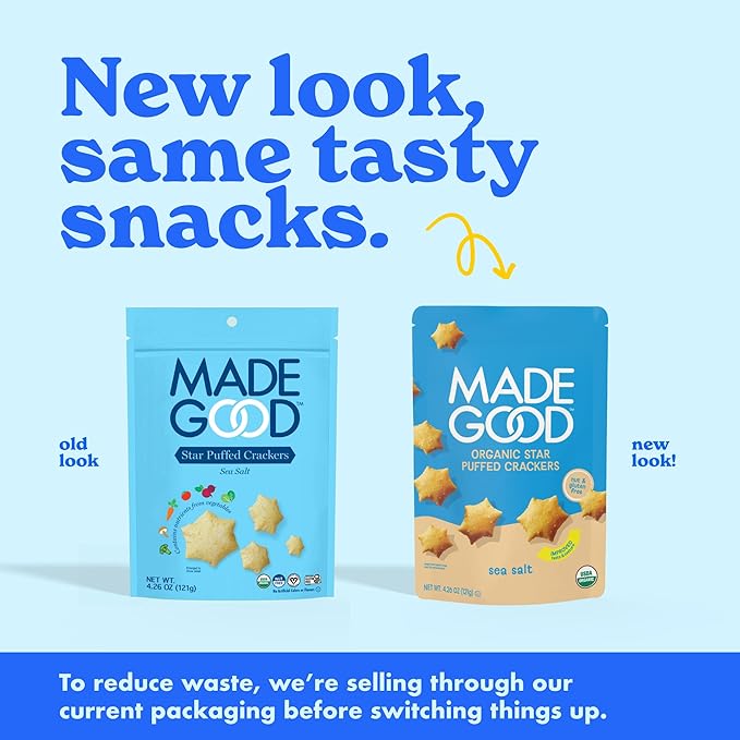 MadeGood Star Puffed Crackers, Sea Salt, 6 Bags (4.26oz Each) Gluten Free and Organic, Healthy