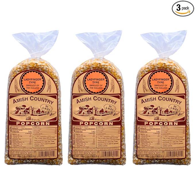 Amish Country Popcorn | 3-1 lb Bags | Ladyfinger Popcorn Kernels | Old Fashioned, Non-GMO and