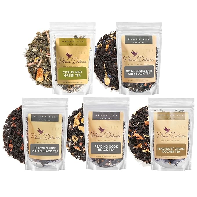 Loose Leaf Tea Sampler – 5 Caffeinated Blends Including Creme Brulee Earl Grey, Peach Oolong