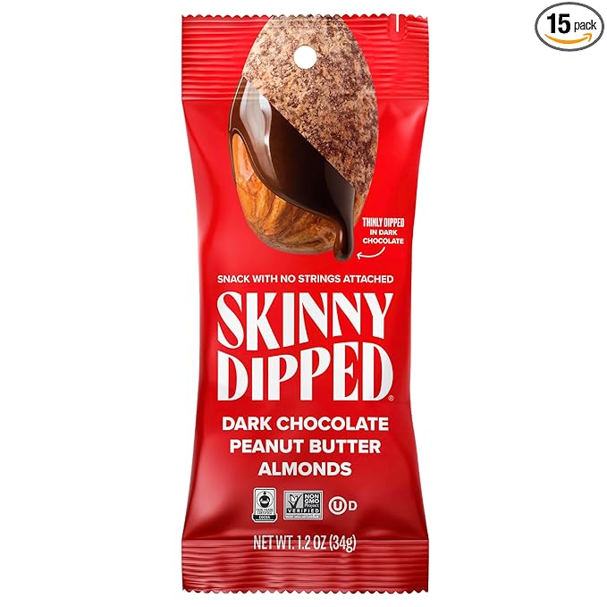 SkinnyDipped Dark Chocolate Peanut Butter Almonds, Chocolate Covered Almonds, Low Sugar, Gluten