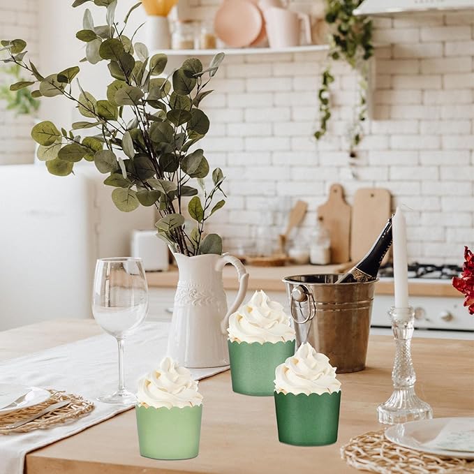 Whaline 120Pcs Sage Green Paper Baking Cups Scalloped Edge Cupcake Wrappers Gradient Green Cupcake