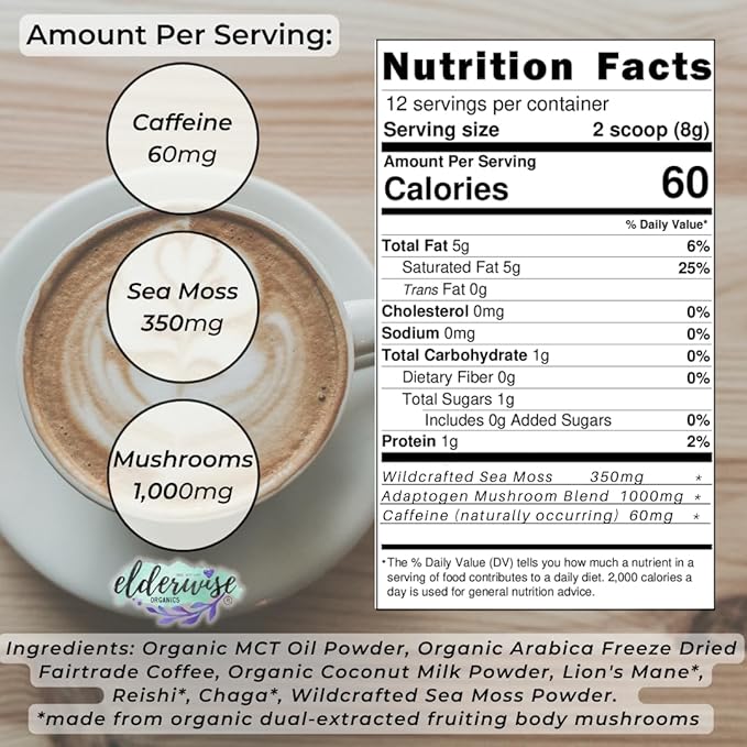 Elderwise Organics Coffee - Latte - Lion's Mane, Chaga, Reishi, Cordyceps, MCT Oil, Coconut Cream &