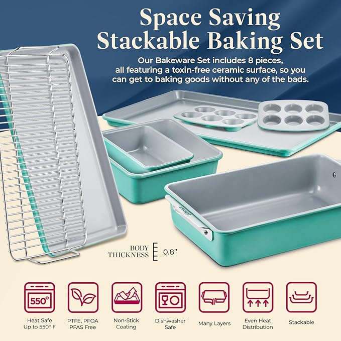 Bakken 8-Piece Stackable Bakeware Set - Ceramic Non-Stick Coating, Baking Sheets, Assorted Baking