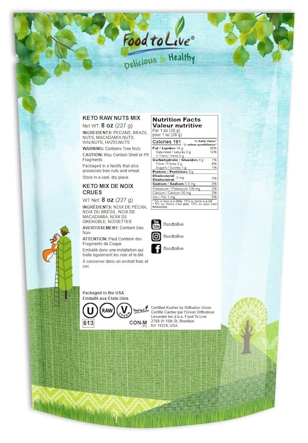 Food to Live Keto Nuts Mix, 8 Ounces ??Keto Snack Contains Raw Brazil Nuts, Pecans, Walnuts