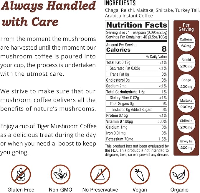 Tiger Organic 5 Mushroom Instant Coffee – 30 Servings with 100% Arabica | Immune System Booster