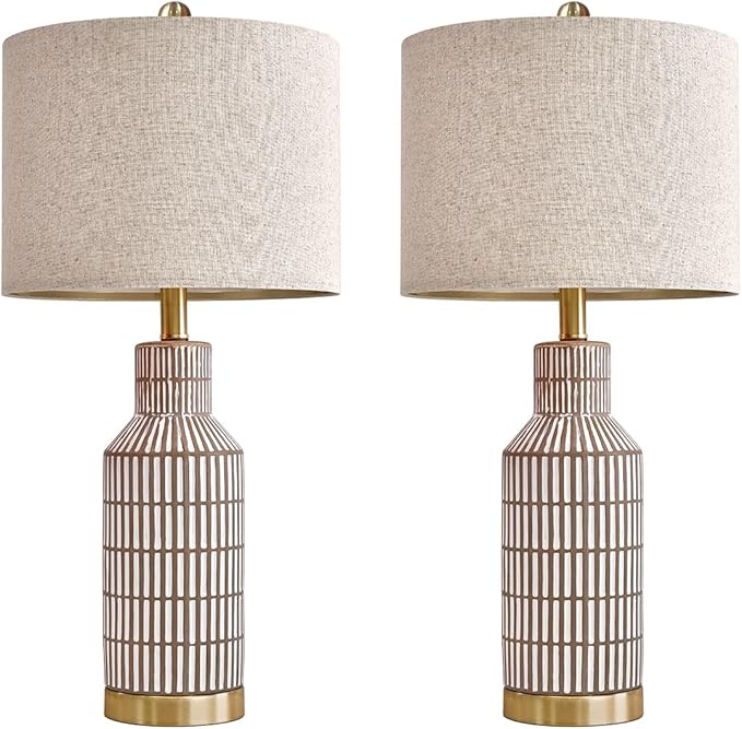 25" Table Lamps Set of 2, Modern Ceramic Bedside Lamps - Farmhouse Brown Nightstand Lamps for