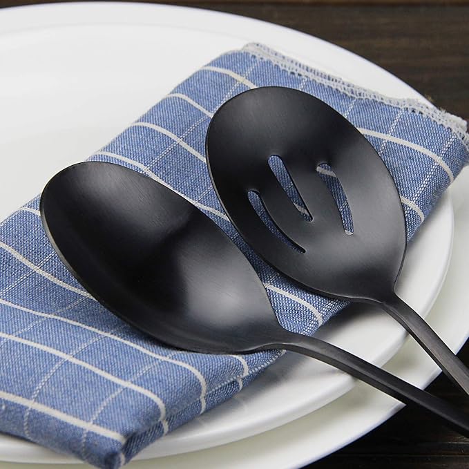 Serving Spoons Set, Black Stainless Steel, 8.7 Inch, Slotted and Solid Serving Utensils for Party