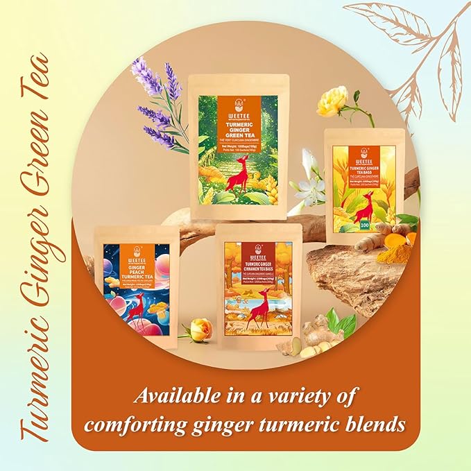 WT WEETEE Turmeric Ginger Green Tea Bags, 100 Count Made Turmeric, Ginger Root, Cinnamon and Honey