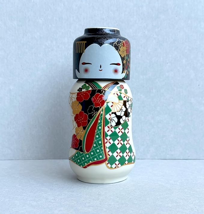 Japanese Traditional Kokeshi Design Sake Wine Soju Ceramic Set with 1 Ochoko Cup and 1 Tokkuri
