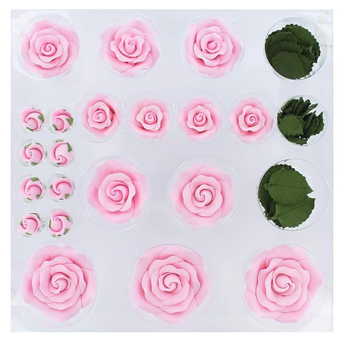 Global Sugar Art Exquisite Rose & Leaf Tray Edible Sugar Cake Flowers, Pink 20 Count Unwired by