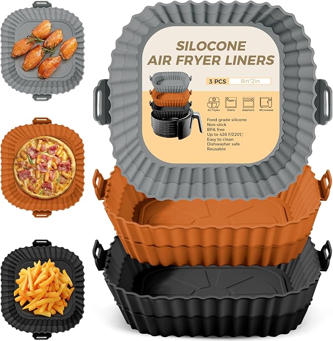 Buauty 3 Pack Air Fryer Silicone Liners 8inch Air Fryer Silicone Pot Reusable Food Grade Silicone