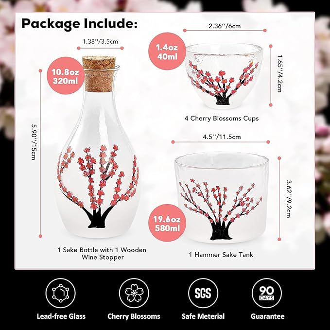 DUJUST Japanese Sake Set for 4, Handcraft Pink Cherry Blossoms Design, 1 Sake Bottle, 1 Sake Tank