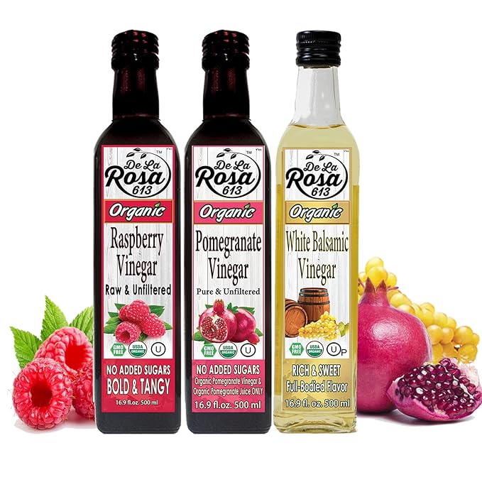De La Rosa Organic Vinegar Variety Pack, Raspberry, Pomegranate & White Balsamic Vinegar, Vegan