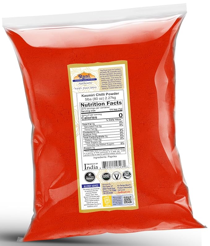 Rani Kashmiri Chilli Powder (Deggi Mirch, Low Heat) Ground Indian Spice 80oz (5lbs) 2.27kg Bulk ~