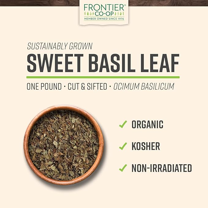 Frontier Co-op Sweet Basil Leaf, 1-Pound Bulk, Popular on Pizza & DIY Body Care As An Essential