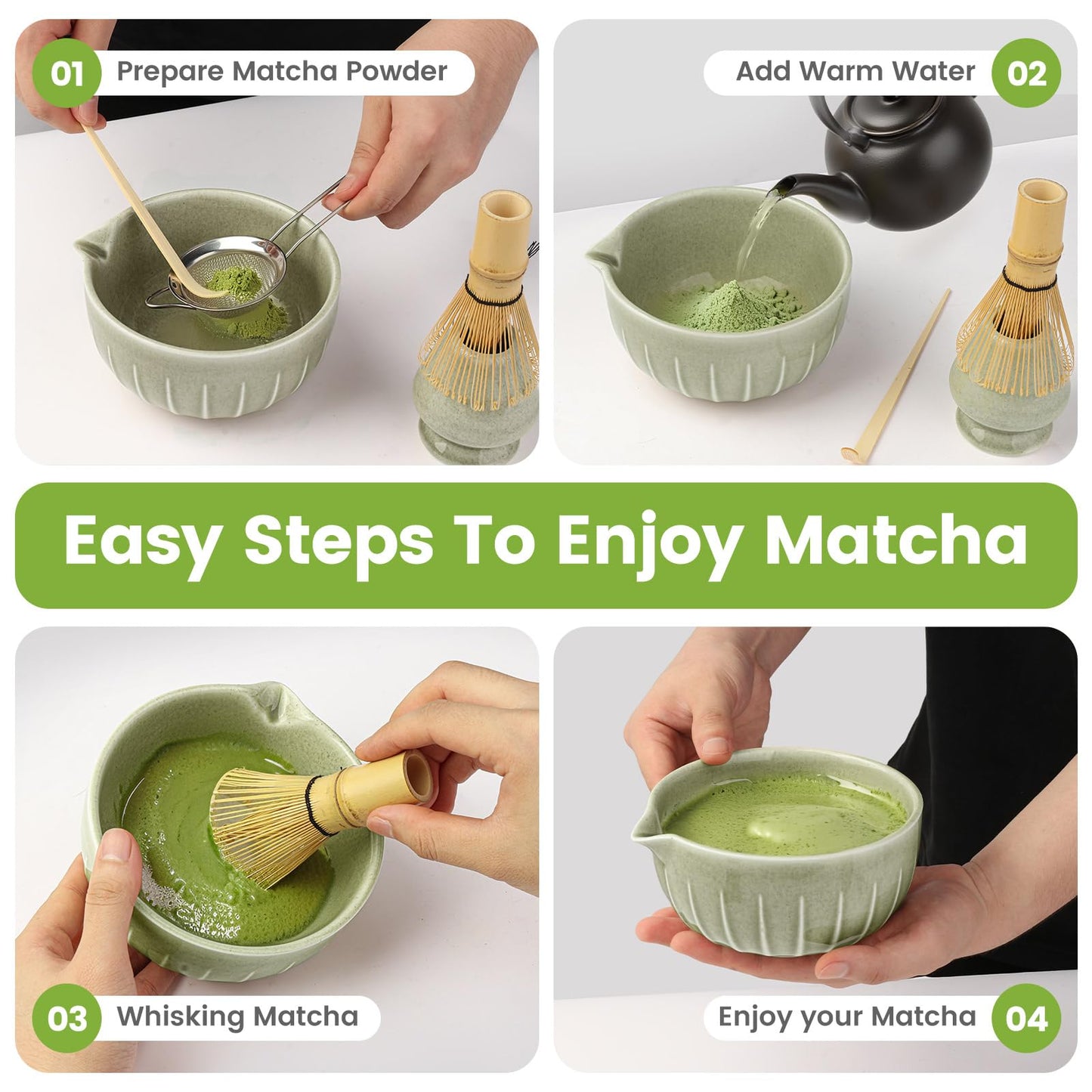 Farielyn-X Matcha Whisk Set, Japanese Tea Set (5pcs) includes Matcha Bowl with Spout (19 oz)