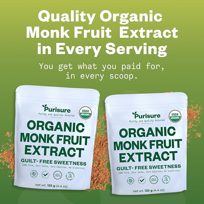 Organic Monk Fruit Sweetener, 125g (4.41oz), No Fillers Pure USDA Organic Monk Fruit Extract Powder