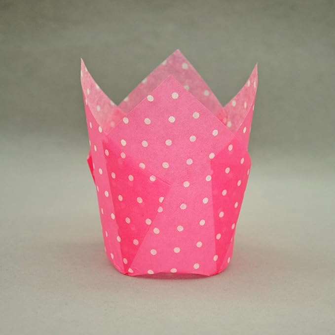 Large Muffin Greaseproof paper Baking cupcake cups, 2-1/4" x 4" Pink printed with Polka Dot Tulip