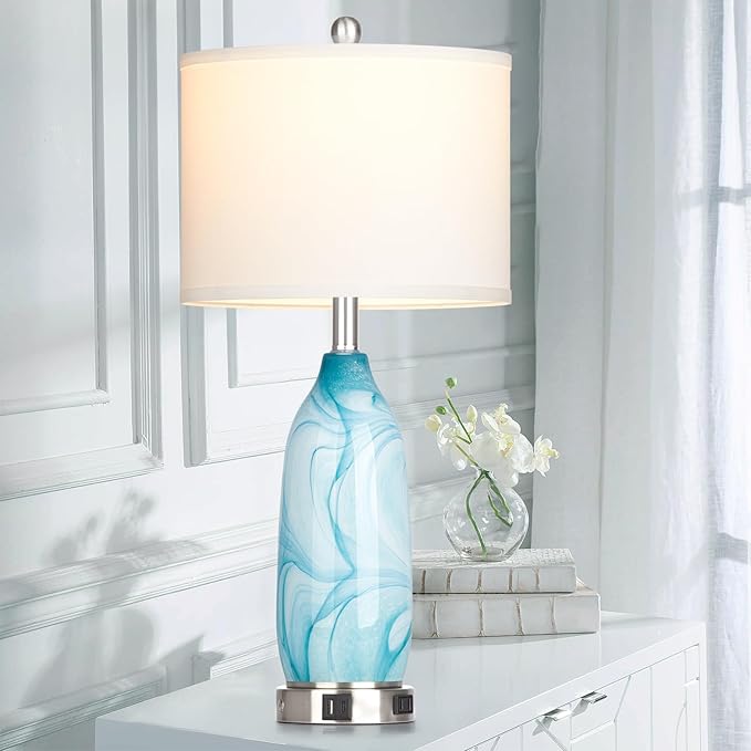 26" Coastal Table Lamps Set of 2, Modern Table Lamps with USB A+C Ports & AC Outlet, Touch Control