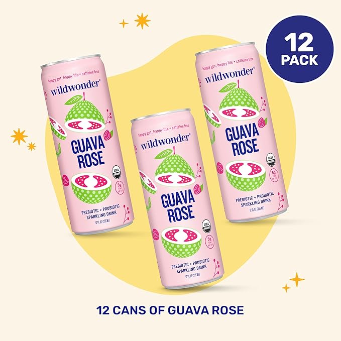 wildwonder Sparkling Probiotic Drink 12pk, For Gut Health & Immune Support, Guava Rose, 5g