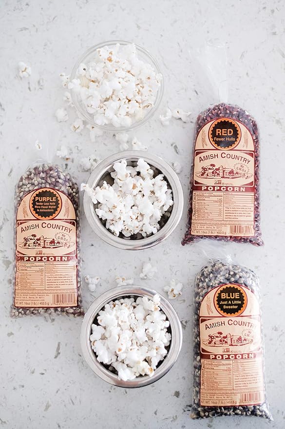 Amish Country Popcorn | 3-1 lb Bags | Purple, Red and Blue Popcorn Kernels | Old Fashioned, Non-GMO