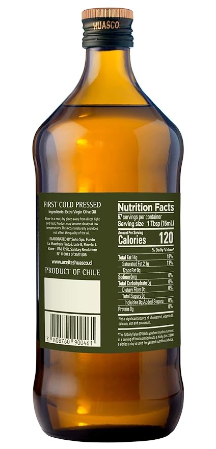 Extra Virgin Olive Oil by HUASCO |First Cold Press - From Chile, 33.8 Fl Oz (1000 Ml)