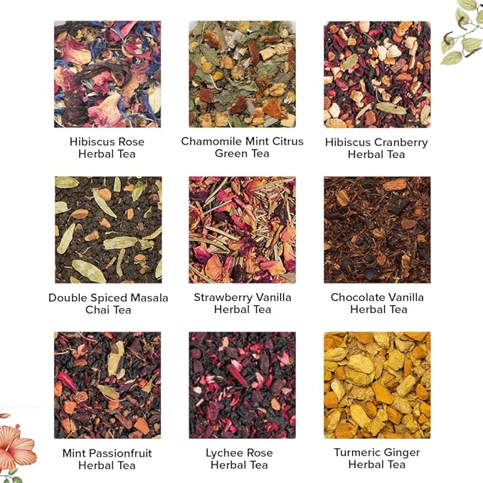 VAHDAM Top 9 Exotic Loose Leaf Herbal Tea Sampler (18+ cups) | No Caffeine | Floral & Fruity Blends