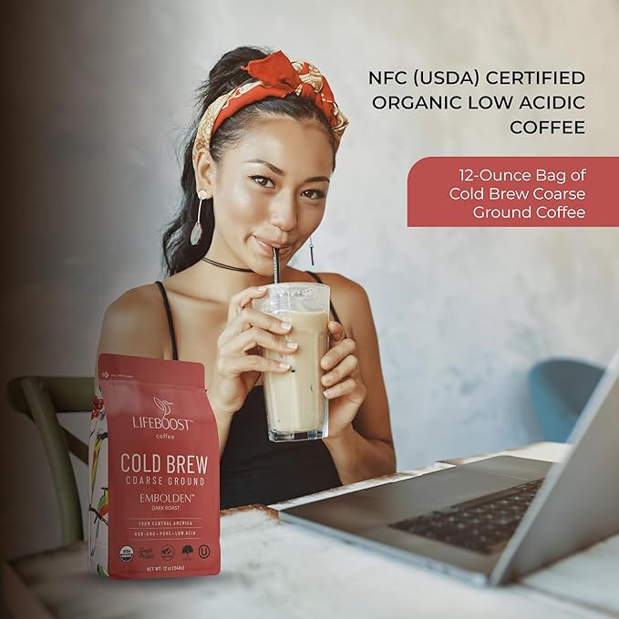 Lifeboost Dark Cold Brew Coffee - Single Origin Non-GMO USDA Organic Low Acid Coarse Ground Coffee