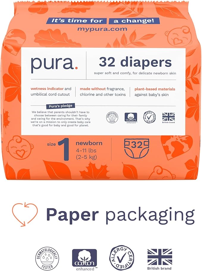 Pura Size 1 Eco-Friendly Diapers (4-11lbs) Hypoallergenic, Soft Organic Cotton Comfort