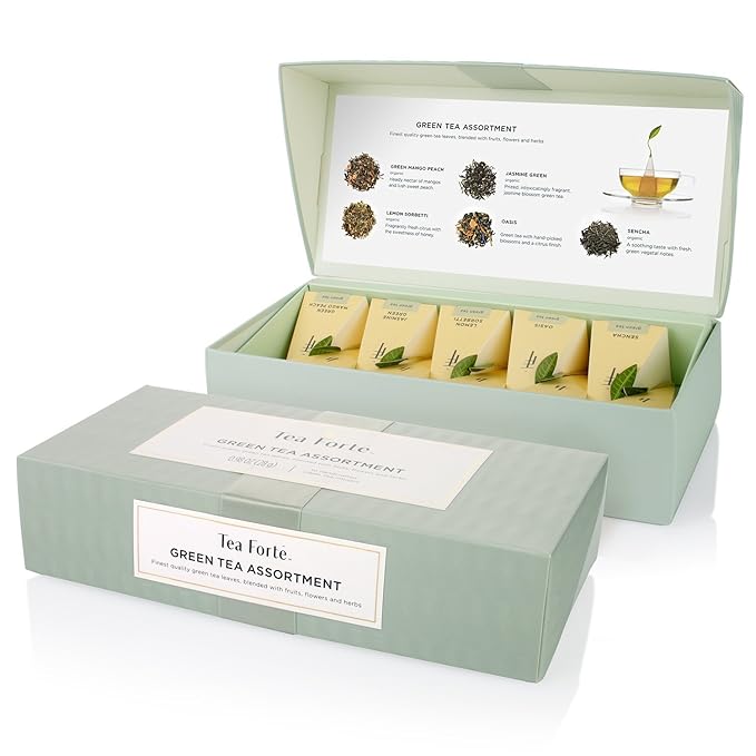 Tea Forte Assorted Green Tea Petite Presentation Box Tea Gift Set Sampler, 10 Count, 2 of Each