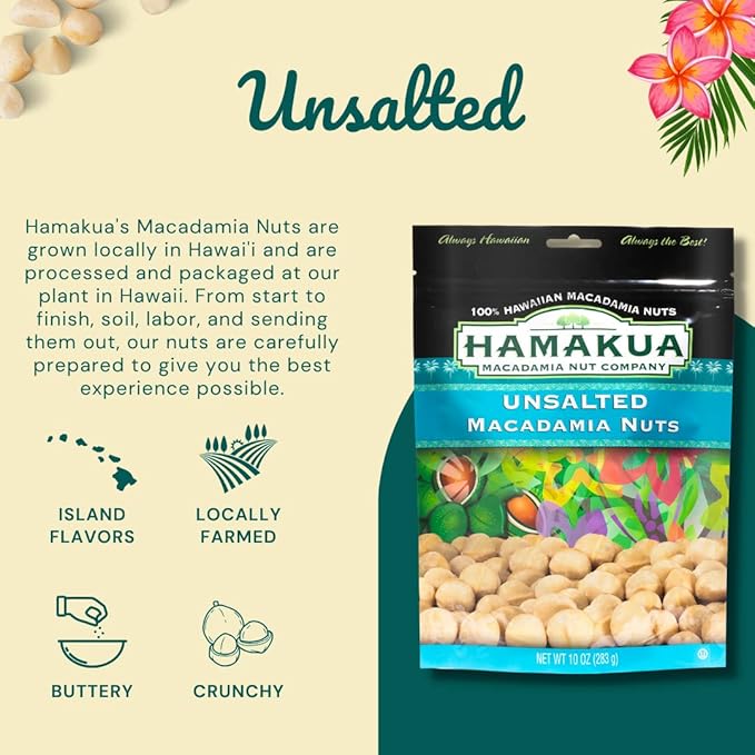 Hamakua Macadamia Nuts - Unsalted Hawaiian Grown Dry Roasted Half and Whole Macadamias without Salt