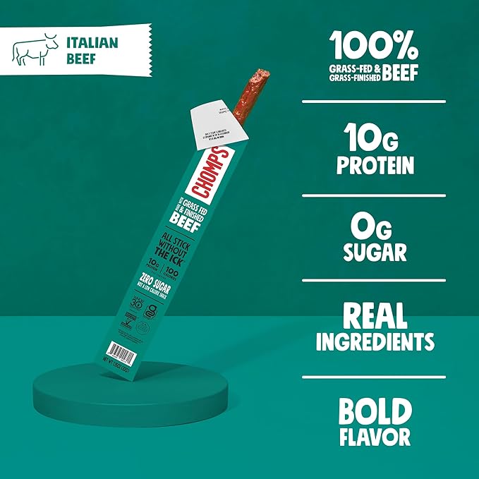 CHOMPS Grass Fed Italian Style Beef Jerky Snack Sticks, Keto, Whole30, Paleo, Gluten Free, Sugar