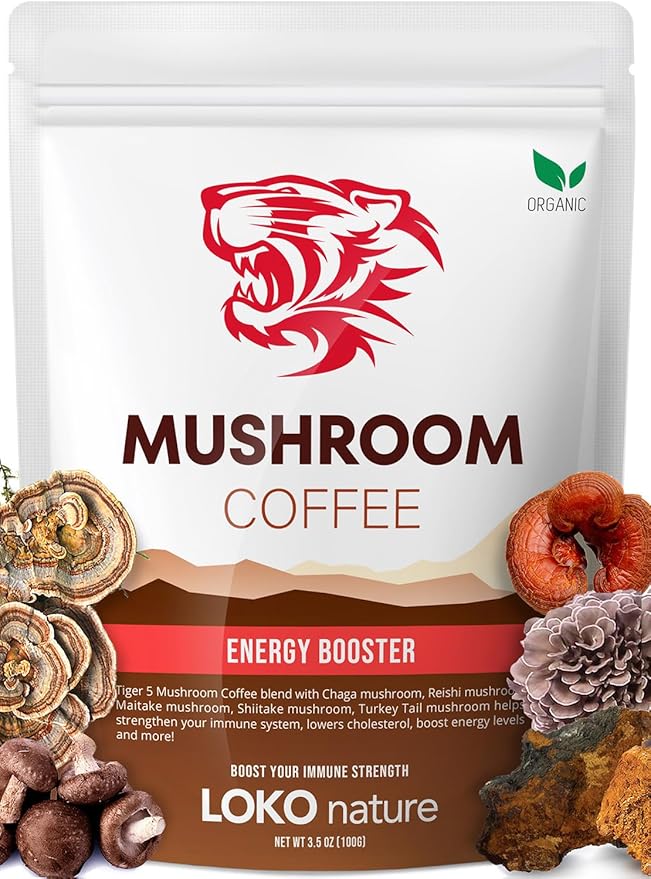 Tiger Organic 5 Mushroom Instant Coffee – 30 Servings with 100% Arabica | Immune System Booster