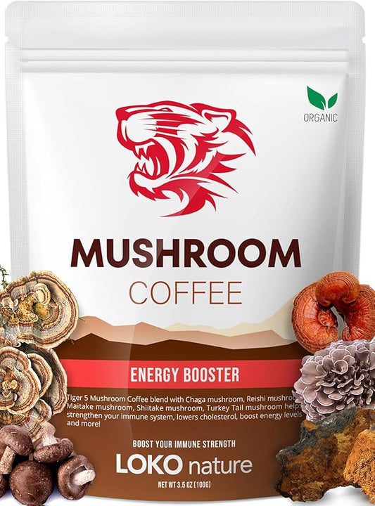 Tiger Organic 5 Mushroom Instant Coffee – 30 Servings with 100% Arabica | Immune System Booster