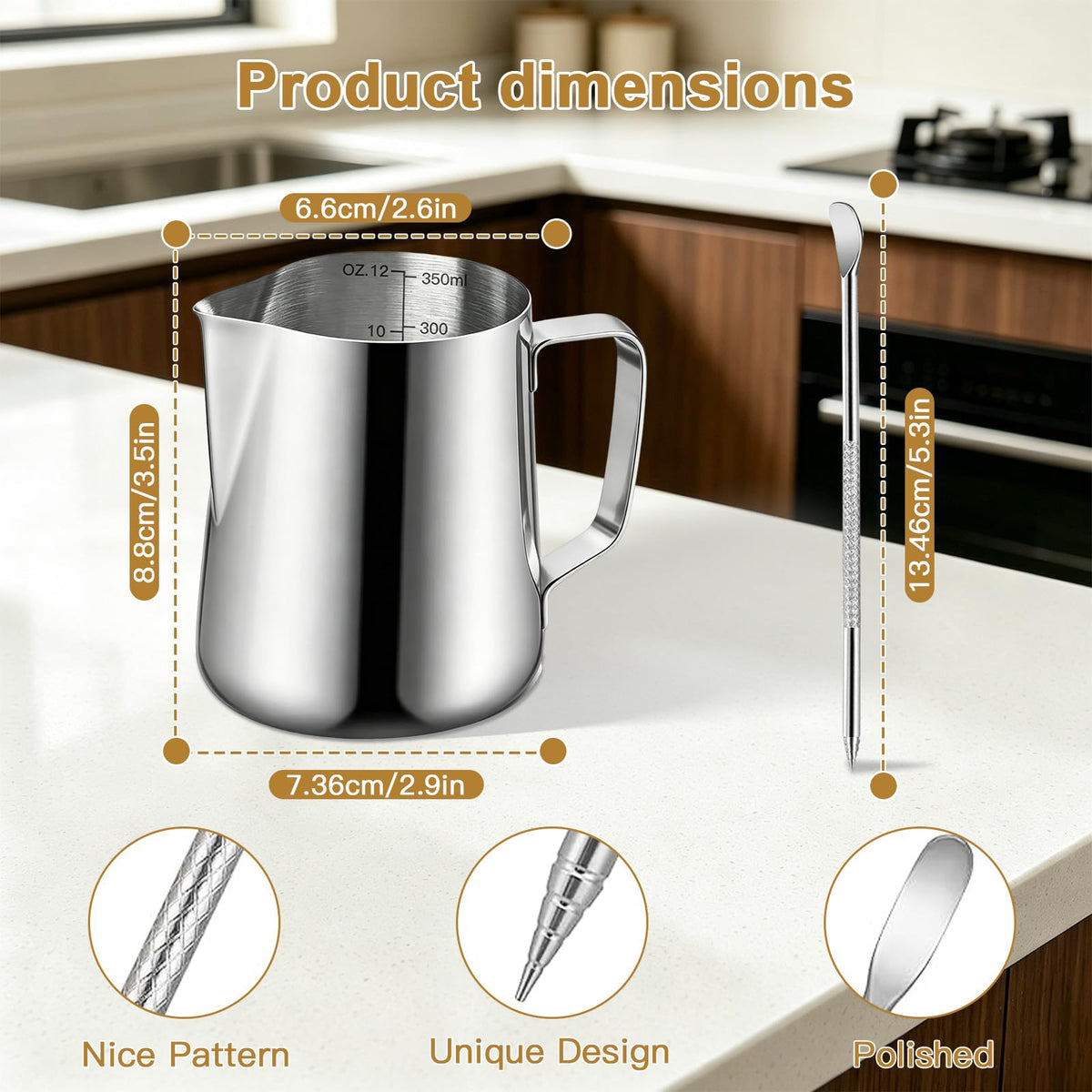 Milk Frothing Pitcher, 12oz Milk Frother Cup with Scale, 304 Stainless Steel Cappuccino Espresso