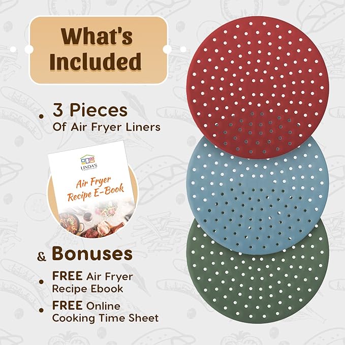Reusable Round Silicone Air Fryer Liners (9 Inch, 3 Pack) by Linda’s Essentials - Non-Stick
