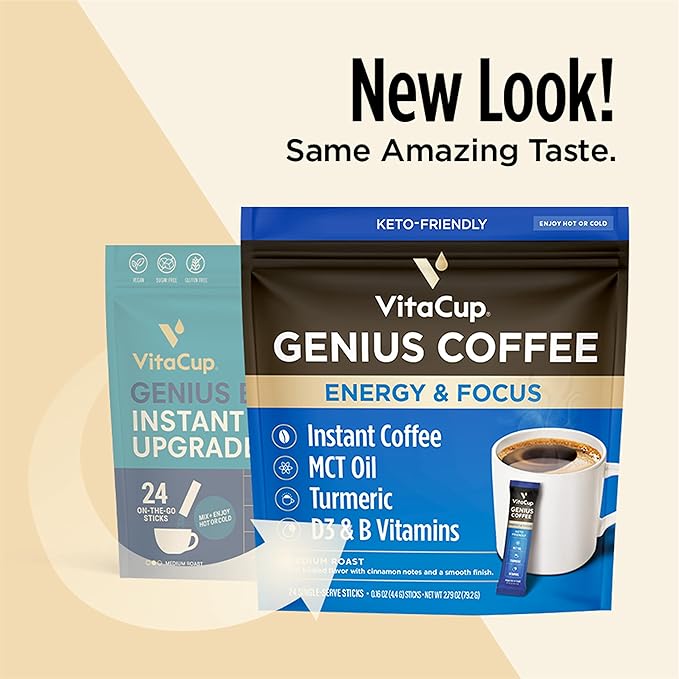 VitaCup Genius Instant Coffee Packets, Increase Energy & Focus, Keto Coffee, Serve Hot or Cold