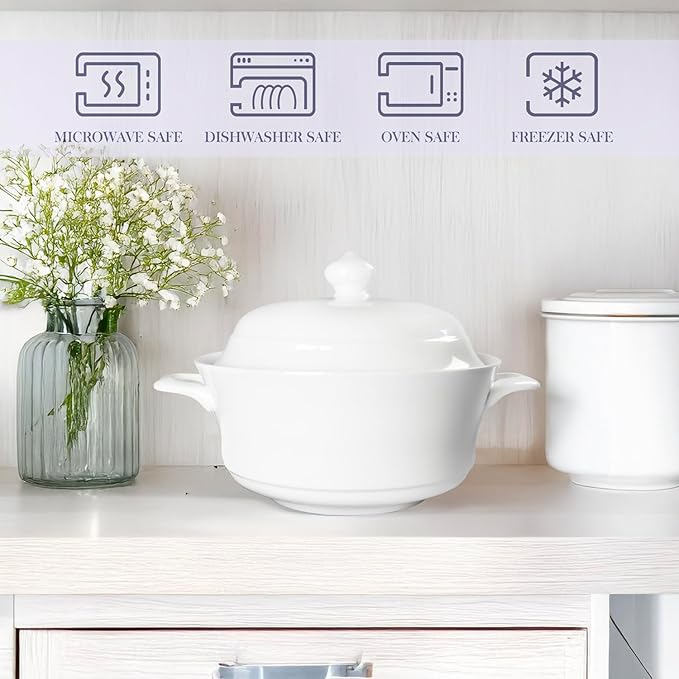 Casserole dish with Lid and soup spoon, Ceramic Serving Soup Tureen, 1.8 QT White French Serving
