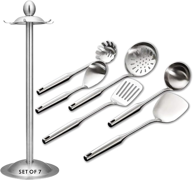 Kitchen Utensil Set ??6 Piece Stainless Steel Cooking Utensils with Rotating Holder Organizer