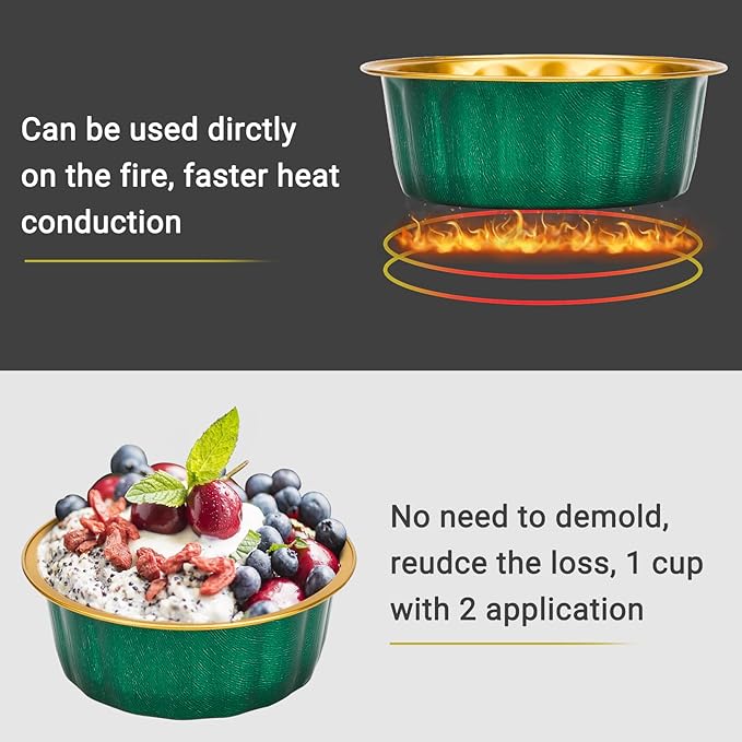 Beasea Disposable Ramekins with Lids, 8oz 50 Pack Aluminum Cups for Baking Jade Green, Aluminum