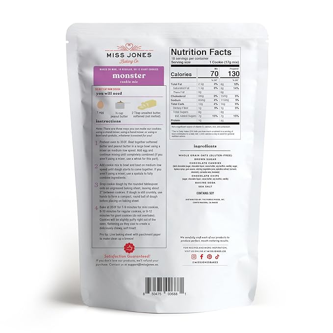 Miss Jones Baking Gluten-Free Monster Cookie Mix - Certified Gluten Free & Made with 100% Oats