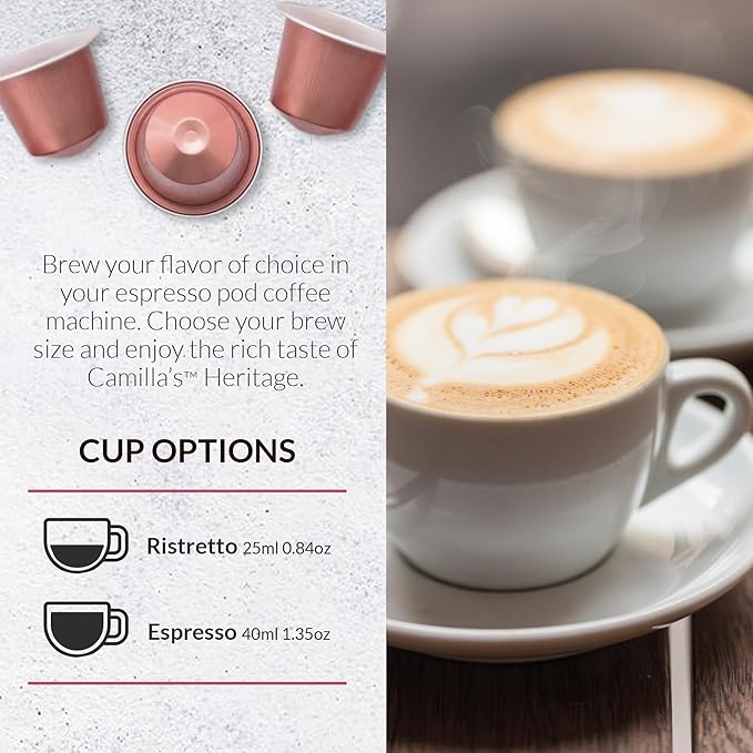 Camilla’s Heritage - Intensity 8 Chocolate Flavored Espresso Coffee, Gourmet Espresso Cups, 60