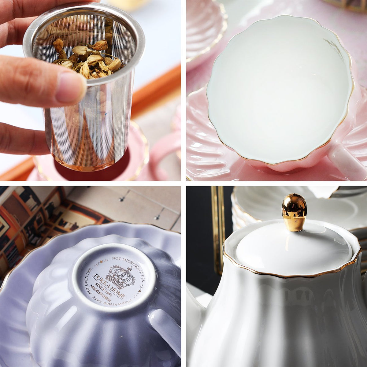 Porcelain Tea Sets British Royal Series, 8 OZ Cups& Saucer Service for 6, with Teapot Sugar Bowl