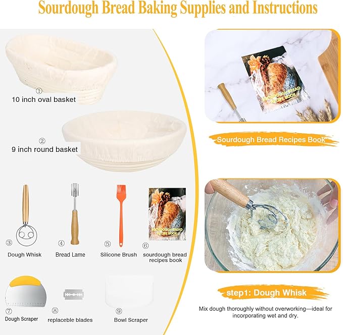 9 & 10 Inch Banneton Bread Proofing Basket Set with Liners,Dough Scraper,Bread Lame & Danish Whisk