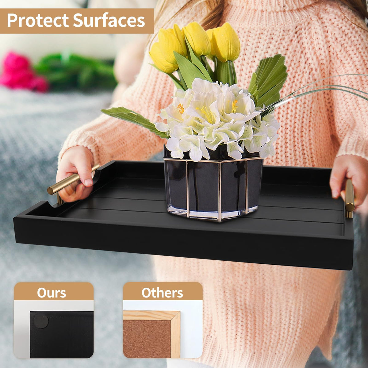 SXNOWS Wood Serving Tray with 2 Sets of Handles,Black