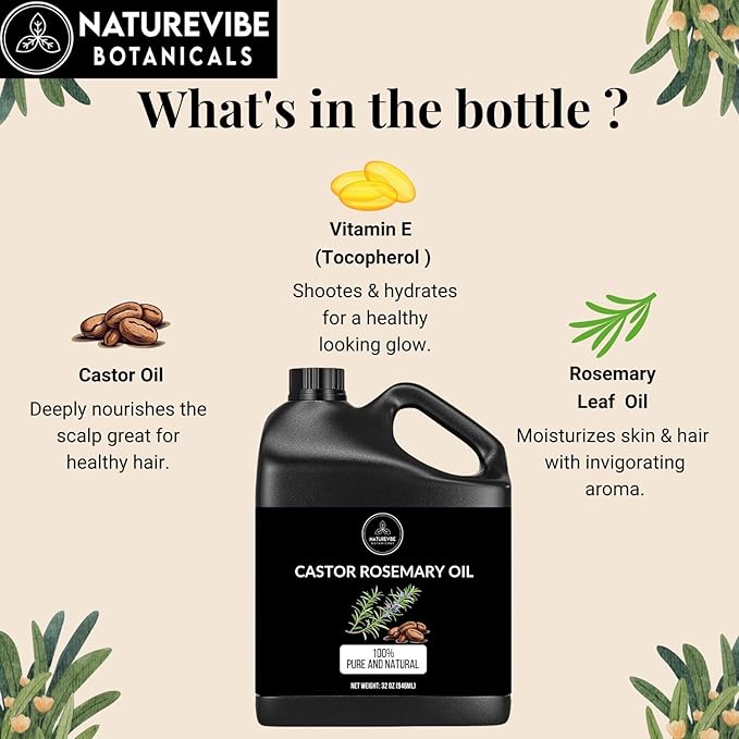 Naturevibe Botanicals Castor Rosemary Oil 32 Ounces | 100% Pure and Natural | Great for Skin Care