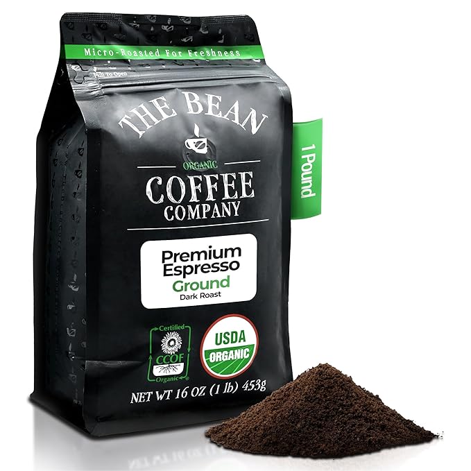 The Bean Organic Coffee Company Premium Espresso, Dark Roast, Ground Coffee, 16-Ounce Bag, Café