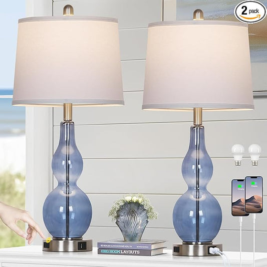 27.5" Coastal Blue Glass Double Gourd Table Lamp Set of 2,3-Way Dimmable Touch Control Bedside
